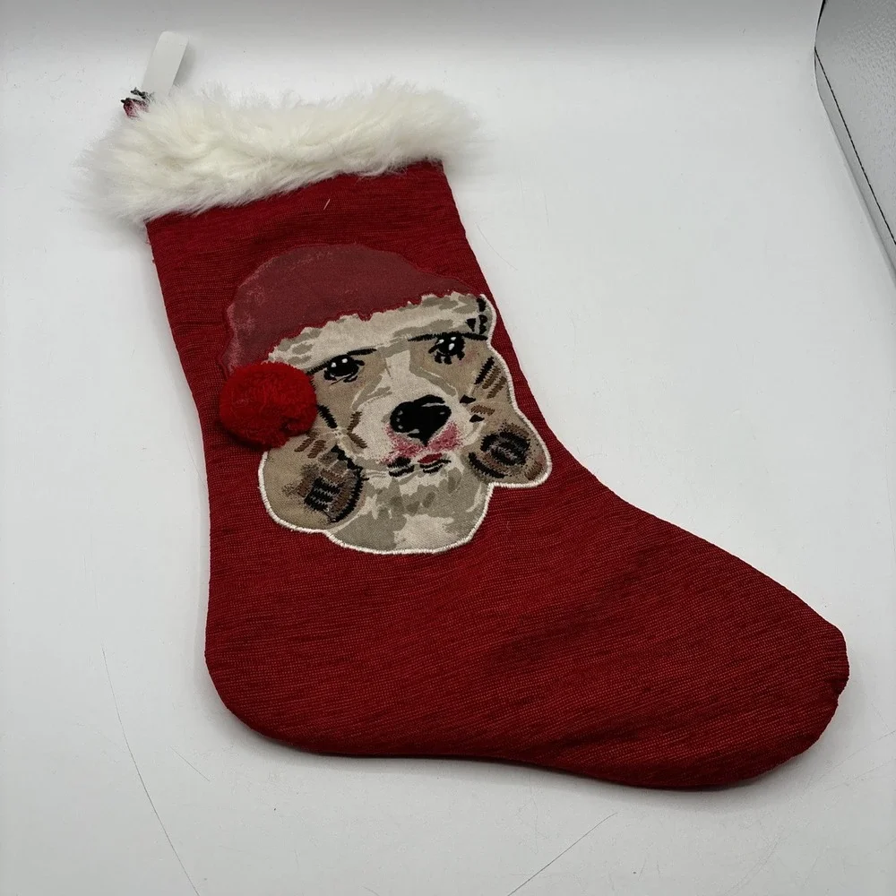 Pier 1 Christmas Stockings BNWT Red White Fleece Embroidered Dogs Set of 4